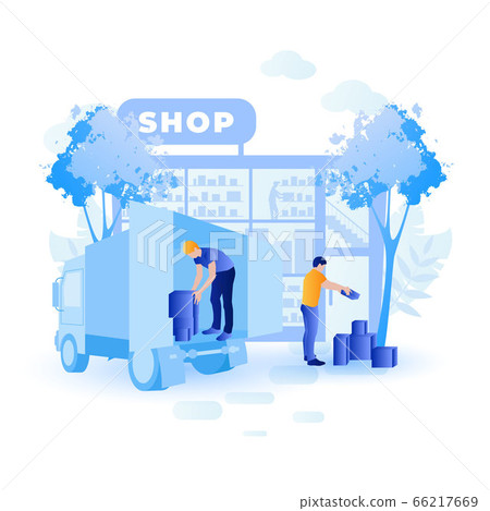 Unloading goods from delivery truck to shop by delivery service and shop manager. Unloading goods from delivery truck to shop by delivery service and shop manager. 66217669
