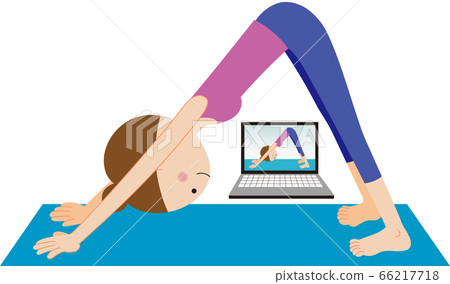 Woman doing down dog (downward dog pose) while doing online yoga on laptop Woman doing down dog (downward dog pose) while doing online yoga on laptop 66217718