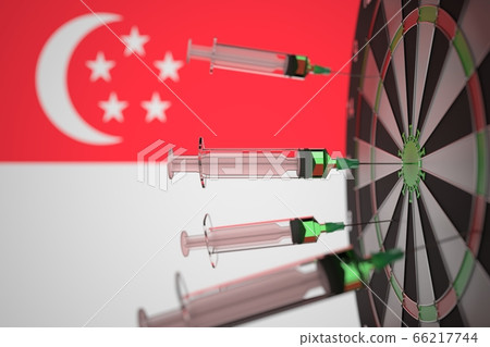 New Coronavirus vaccine syringes with text and flag of Singapore as a background. Singaporean Medical research and vaccination, 3D rendering New Coronavirus vaccine syringes with text and flag of Singapore as a background. Singaporean Medical research and vaccination, 3D rendering 66217744
