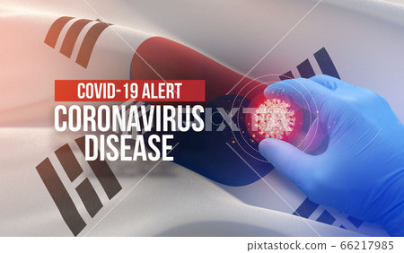 COVID-19 alert, coronavirus disease - letter typography text. Medical virus molecular concept with flag of South Korea. 3D illustration. COVID-19 alert, coronavirus disease - letter typography text. Medical virus molecular concept with flag of South Korea. 3D illustration. 66217985