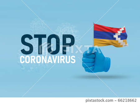 COVID-19 Visual concept - letters STOP CORONAVIRUS, hand-gesture versus virus infection, clenched fist holds flag of Artsakh. Pandemic 3D illustration. COVID-19 Visual concept - letters STOP CORONAVIRUS, hand-gesture versus virus infection, clenched fist holds flag of Artsakh. Pandemic 3D illustration. 66218662