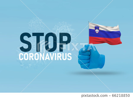 COVID-19 Visual concept - hand-text Stop Coronavirus, hand-gesture versus virus infection, clenched fist holds flag of Slovenia. Pandemic 3D illustration. COVID-19 Visual concept - hand-text Stop Coronavirus, hand-gesture versus virus infection, clenched fist holds flag of Slovenia. Pandemic 3D illustration. 66218850