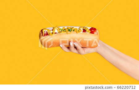 Cropped view of young girl holding tasty hot dog with mustard and ketchup on orange background Cropped view of young girl holding tasty hot dog with mustard and ketchup on orange background 66220712