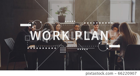 Work plan written on group of people discussing work Work plan written on group of people discussing work 66220907