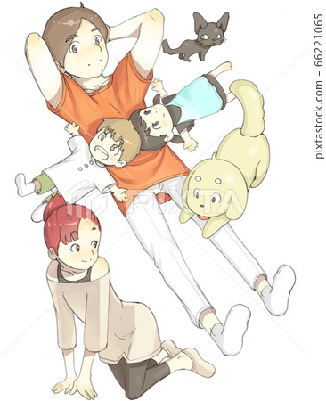 Young couple relaxing with their children and pets Young couple relaxing with their children and pets 66221065