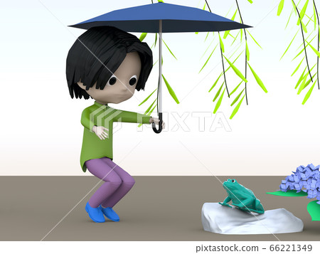 Willow and frog, hydrangea and a child holding an umbrella 66221349