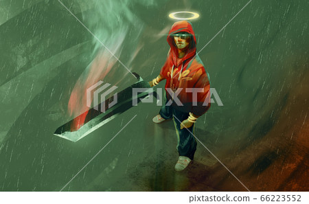 angel holding big sword in the rains. 66223552