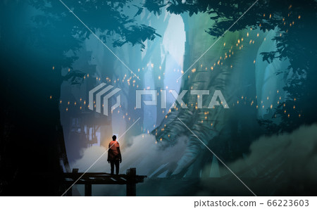 man standing on the pier against  flyflies and big trees. 66223603