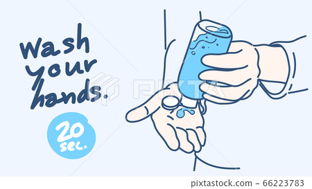 Hand washing with hygiene soap. Hand drawn in thin line style, vector illustration isolated on blue background. 66223783
