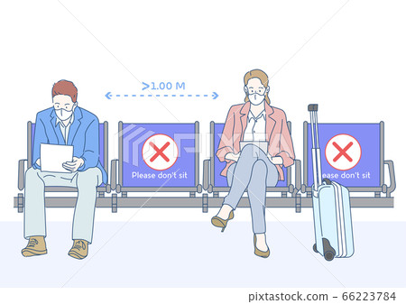 Passenger wearing face mask and waiting for flight at airport. Themes traveling during pandemic and personal protection. The airport with social distancing concept. New normal concept. Passenger wearing face mask and waiting for flight at airport. Themes traveling during pandemic and personal protection. The airport with social distancing concept. New normal concept. 66223784