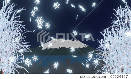 Sakurajima in winter and snowflakes, 3D rendering 66224127
