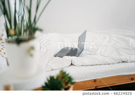Opened laptop notebook on bed at bright interior Opened laptop notebook on bed at bright interior 66224920