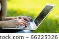 Close-up of female hand typing on laptop 66225326