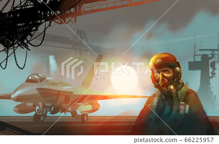 a pilot standing beside the fighter jet in aircraft carrier, against the big sun. a pilot standing beside the fighter jet in aircraft carrier, against the big sun. 66225957