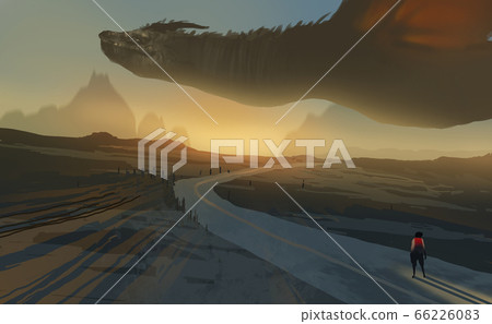 big dragon flying above a farm, against sunset. big dragon flying above a farm, against sunset. 66226083