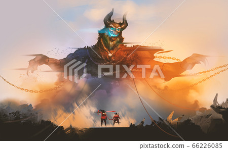 2 warriors encounter demon from hell, against sunset and ruins. 2 warriors encounter demon from hell, against sunset and ruins. 66226085