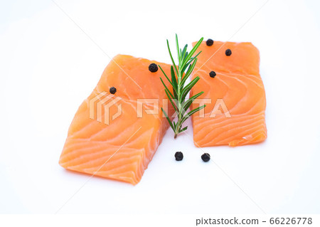 fresh raw salmon fillets isolated on white 66226778