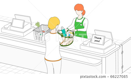 Female customer bringing my bag and female clerk who packs products Female customer bringing my bag and female clerk who packs products 66227085