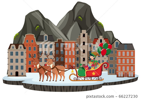 Elf with raindeer walking across the city on white Elf with raindeer walking across the city on white 66227230
