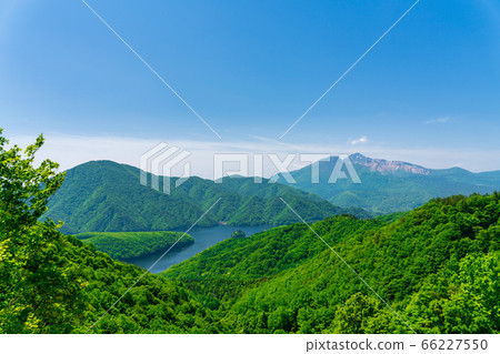 Scenery of Bandai Azuma Lakeline in early summer, Lake Akimoto and Mt. Bandai, Kitashiobara Village, Fukushima Prefecture Scenery of Bandai Azuma Lakeline in early summer, Lake Akimoto and Mt. Bandai, Kitashiobara Village, Fukushima Prefecture 66227550