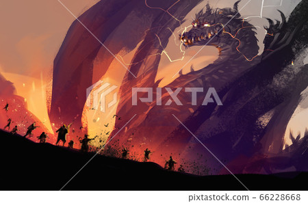 peoples against a huge dragon with destroyed town.  66228668