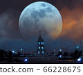 cemetery in night scene with ghosts's spirits against big blue moon, 66228675