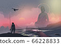 fisherman standing on the rock and looking at to big statue of Buddha statue, against sunset. 66228833