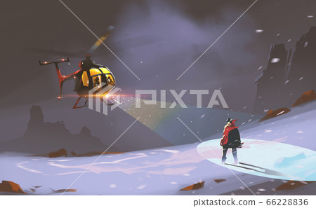 rescue teams used helicopter met a man in blizzard against cold night. rescue teams used helicopter met a man in blizzard against cold night. 66228836