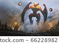 Digital illustration painting design style a engineer against big robot and alien's technology in mysterious place. 66228982