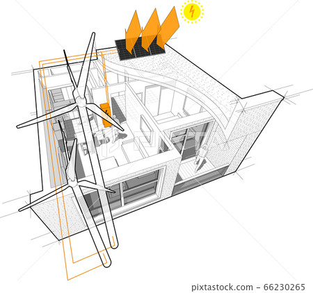 apartment completely furnished with flat roof cutaway over it with wind turbines and photovoltaic panels on the roof as source of electric energy 66230265