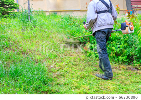 A worker cuts tall grass with an industrial petrol 66230890