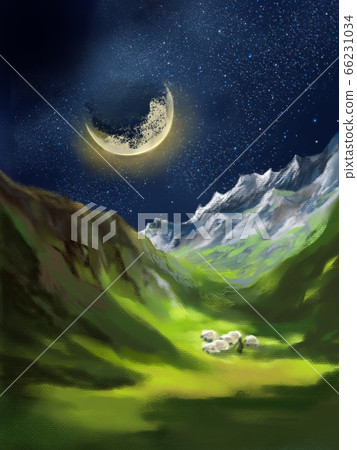 A valley and sheep shelters illuminated by moonlight and starlight A valley and sheep shelters illuminated by moonlight and starlight 66231034