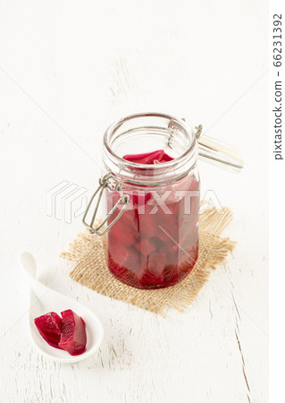homemade pickled beetroots in jar on wooden table homemade pickled beetroots in jar on wooden table 66231392