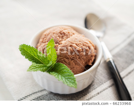 Chocolate ice cream with mint leaves 66233968