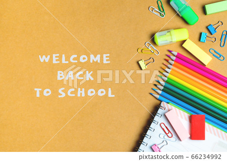 School supplies on black board background. Back to school concept School supplies on black board background. Back to school concept 66234992