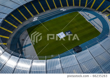 Aerial view of football stadium in Chorzow City, Poland. Photo made by drone from above. 66235263