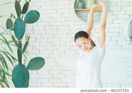 A beautiful woman doing exercise at home 66235763