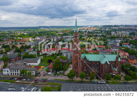 Aerial view of city center of Dabrowa Gornicza. Church of Our Lady of the Angels Lady Dabrowa Gornicza and Mother of the Basin Aerial view of city center of Dabrowa Gornicza. Church of Our Lady of the Angels Lady Dabrowa Gornicza and Mother of the Basin 66235872