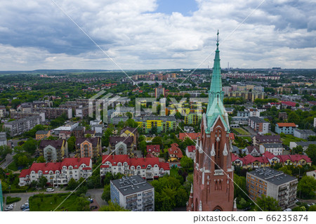 Aerial view of city center of Dabrowa Gornicza. Church of Our Lady of the Angels Lady Dabrowa Gornicza and Mother of the Basin Aerial view of city center of Dabrowa Gornicza. Church of Our Lady of the Angels Lady Dabrowa Gornicza and Mother of the Basin 66235874