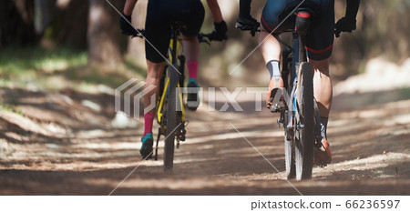 Mountain bikers riding on bike singletrack trail, mountain bike race 66236597