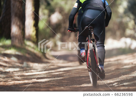Athletes mountain biking on forest trail, mountain bike race 66236598