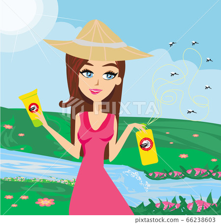 beautiful girl using insect repellent spray and 66238603