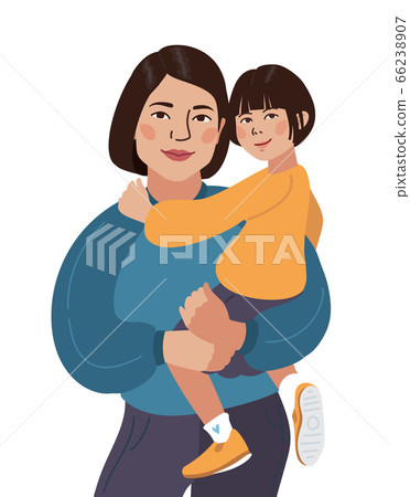 Mom and daughter family portrait. Asian mother and daughter. Sport wear and sneakers. Vector illustration simple shapes Mom and daughter family portrait. Asian mother and daughter. Sport wear and sneakers. Vector illustration simple shapes 66238907