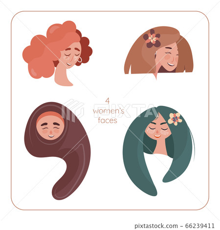 Set of four woman's emotions. Facial expression. Girl Avatar with different cultures and hairdresses. Vector illustration of a flat design Set of four woman's emotions. Facial expression. Girl Avatar with different cultures and hairdresses. Vector illustration of a flat design 66239411