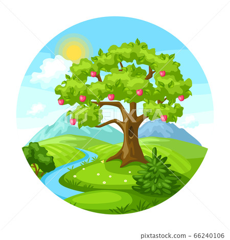 Summer landscape with trees, mountains and hills. - Stock Illustration ...