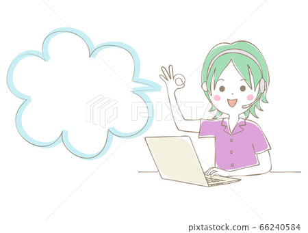 A man doing telework on a laptop computer with a speech bubble 66240584