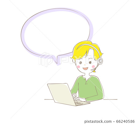 A man doing telework on a laptop computer with a speech bubble 66240586