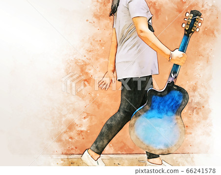 Abstract beautiful playing acoustic Guitar in the foreground on Watercolor painting background and Digital illustration brush to art. Abstract beautiful playing acoustic Guitar in the foreground on Watercolor painting background and Digital illustration brush to art. 66241578