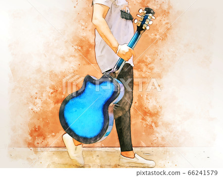 Abstract beautiful playing acoustic Guitar in the foreground on Watercolor painting background and Digital illustration brush to art. Abstract beautiful playing acoustic Guitar in the foreground on Watercolor painting background and Digital illustration brush to art. 66241579