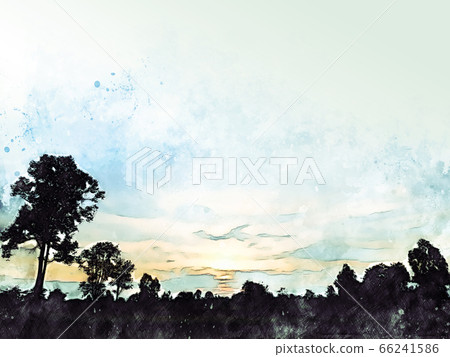 Abstract colorful shape on tree and field landscape watercolor illustration painting background. 66241586